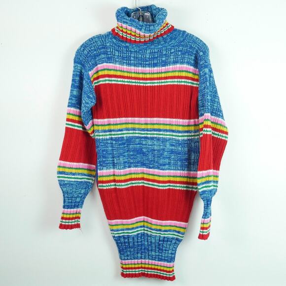 Vintage S M Rainbow Sweater Dress Turtleneck 70s Stripe...